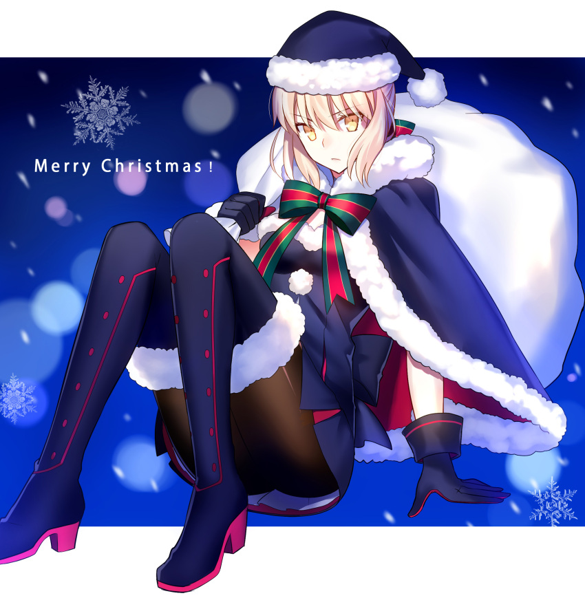 1girl absurdres aqua_eyes black_gloves black_legwear blonde_hair blue_boots blue_dress blue_hair boots breasts christmas dress fate/grand_order fate/stay_night fate_(series) fuyuki_(neigedhiver) gloves hat highres long_hair looking_at_viewer merry_christmas pantyhose red_hat ribbon saber saber_alter santa_hat short_hair small_breasts smile snowflakes solo striped striped_ribbon thigh-highs thigh_boots upper_body yellow_eyes