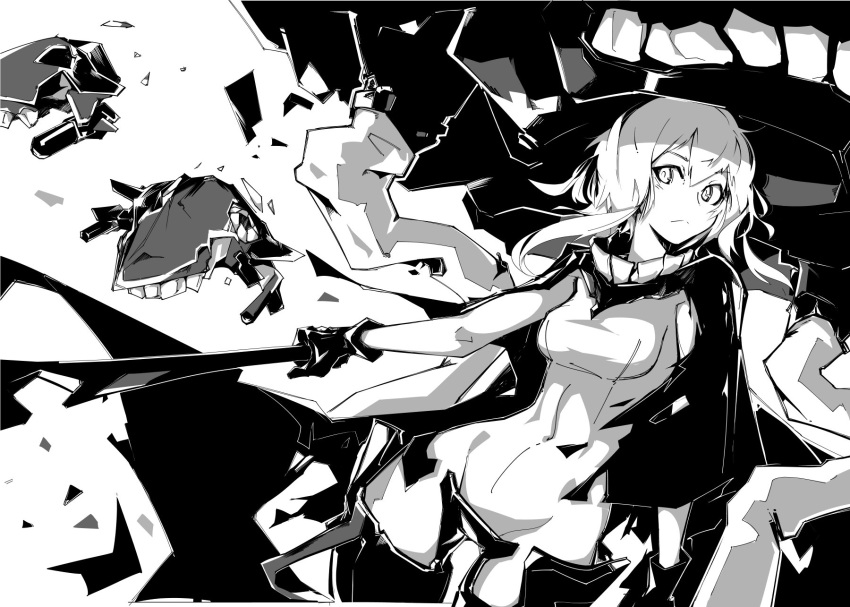1girl :&lt; bodysuit breasts cape collar cowboy_shot deel_(rkeg) enemy_aircraft_(kantai_collection) gloves greyscale hat highres holding holding_weapon kantai_collection long_hair medium_breasts monochrome navel shinkaisei-kan simple_background solo teeth tentacle weapon white_skin wo-class_aircraft_carrier