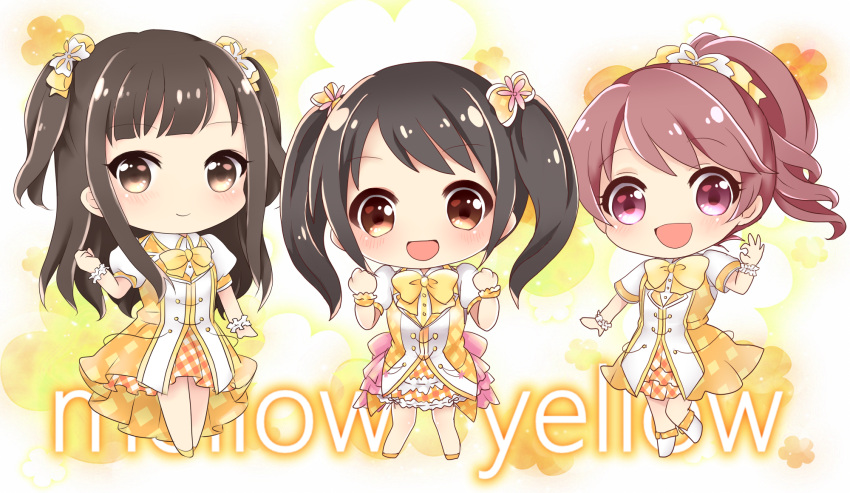 3girls aiseshia black_hair bow bowtie brown_eyes chibi clenched_hands closed_mouth commentary_request hands_up highres idolmaster idolmaster_cinderella_girls long_hair looking_at_viewer mizumoto_yukari multiple_girls nakano_yuka open_mouth pink_eyes pink_hair ponytail scrunchie shiina_noriko sidelocks smile twintails wrist_cuffs yellow_bow yellow_bowtie