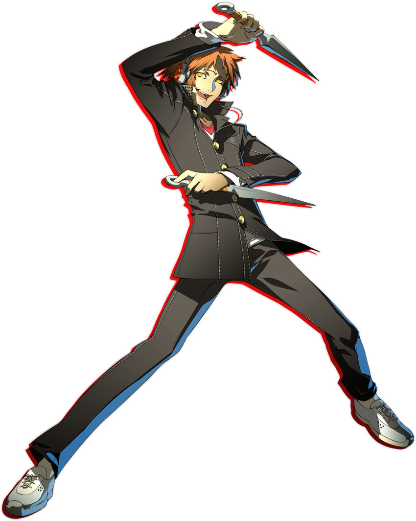 1boy dark_persona dual_wielding fighting_stance hanamura_yousuke headphones highres kunai male_focus megami_tensei official_art persona persona_4 persona_4:_the_ultimate_in_mayonaka_arena redhead school_uniform shadow_(persona) shin_megami_tensei simple_background soejima_shigenori solo transparent_background weapon