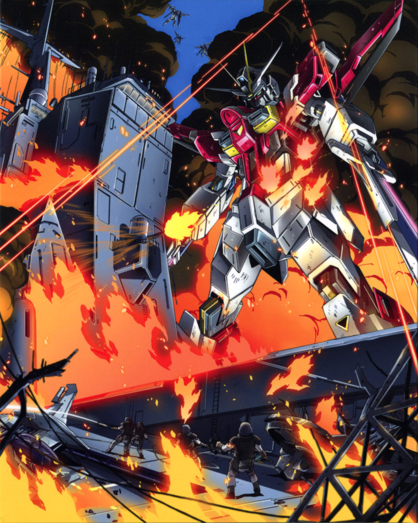 00s 4boys absurdres energy_sword fire gundam gundam_seed gundam_seed_destiny highres impulse_gundam mecha multiple_boys smoke sword weapon