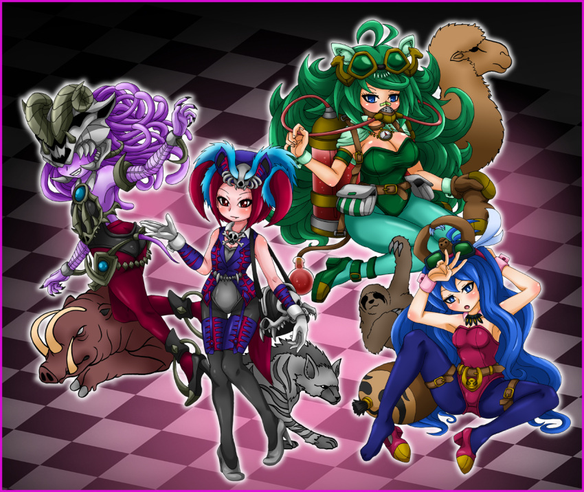 4girls :d :o alchemic_magician archfiend_empress archfiend_heiress blue_eyes blue_hair boar bunnysuit camel demon_girl duel_monster green_hair high_heels horns hyena leotard long_hair multiple_girls open_mouth pantyhose purple_skin red_eyes redhead single_shoe skull slacker_magician sloth_(animal) smile tail ten2009 tensama_(ten2009) tour_guide_from_the_underworld twintails very_long_hair wrist_cuffs younger yu-gi-oh!