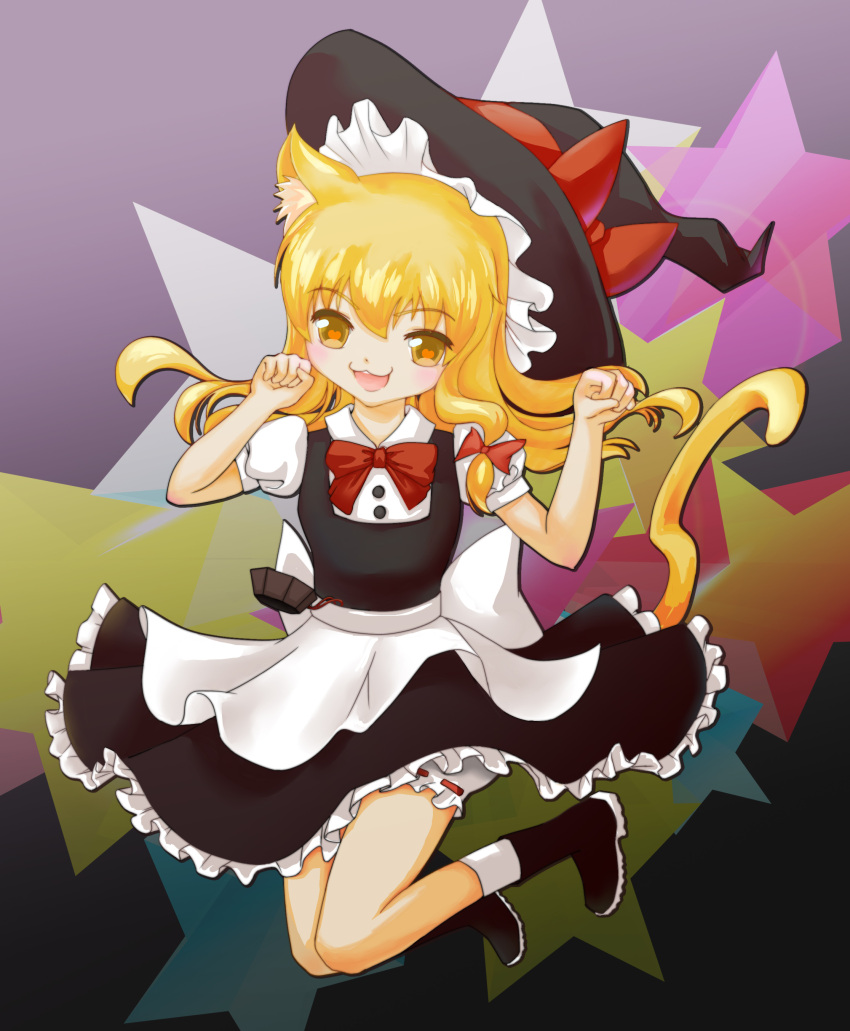 1girl :3 absurdres animal_ears apron blonde_hair bloomers boots bow cat_ears cat_tail gradient gradient_background hair_bow hat hat_ribbon heart heart-shaped_pupils highres jumping kemonomimi_mode kirisame_marisa legs_folded long_hair looking_at_viewer mika_(lilith31) mini-hakkero open_mouth paw_pose ribbon skirt skirt_set solo star starry_background symbol-shaped_pupils tail touhou underwear waist_apron witch_hat yellow_eyes