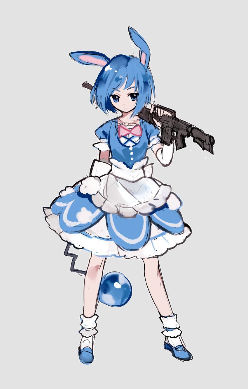 1girl absurdres animal_ears azumarill bangs blue_eyes blue_hair bow dress frills gloves grey_background gun highres holding machine_gun mizushirazu over_shoulder personification pink_bow pokemon rabbit_ears shoes short_hair simple_background socks solo tail twitch_plays_pokemon weapon weapon_over_shoulder