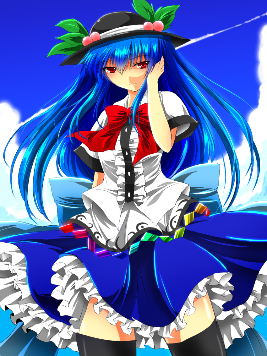1girl arm_behind_back black_hat blue_hair blue_sky bow clouds dress food frilled_dress frills fruit hand_in_hair hat hat_ornament highres hinanawi_tenshi layered_dress long_hair looking_at_viewer nekominase peach red_bow red_eyes short_sleeves sky smile solo thigh-highs touhou