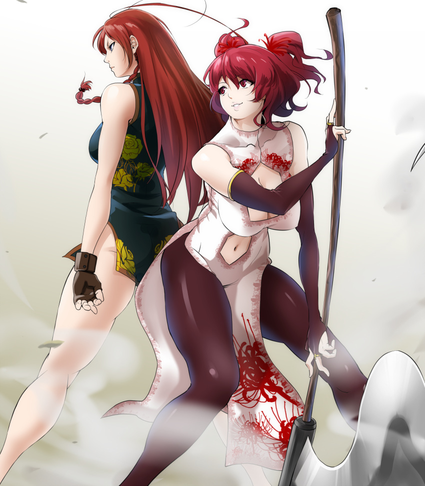 2girls alternate_costume ass back-to-back braid breasts bridal_gauntlets chinese_clothes cleavage cleavage_cutout dress fingerless_gloves gloves highres hong_meiling large_breasts long_hair mattari_yufi multiple_girls navel navel_cutout onozuka_komachi pantyhose redhead scythe short_dress short_twintails smile touhou twintails weapon