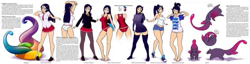 1girl aitako alternate_costume alternate_hairstyle alternate_legwear ass bangs barefoot black_hair blue_eyes breasts casual character_sheet color_guide competition_swimsuit denim denim_shorts dress english highres ian_chase loafers long_hair long_legs monster naked_shirt necktie no_panties one-piece_swimsuit original panties pantyhose parted_bangs pleated_skirt ponytail school_uniform schoolgirls_love_tentacles shirt shoes shorts skirt small_breasts sneakers solo_focus spaghetti_strap sweater sweater_dress swimsuit t-shirt tank_top thigh-highs turtleneck twintails underwear waking_up wiggles