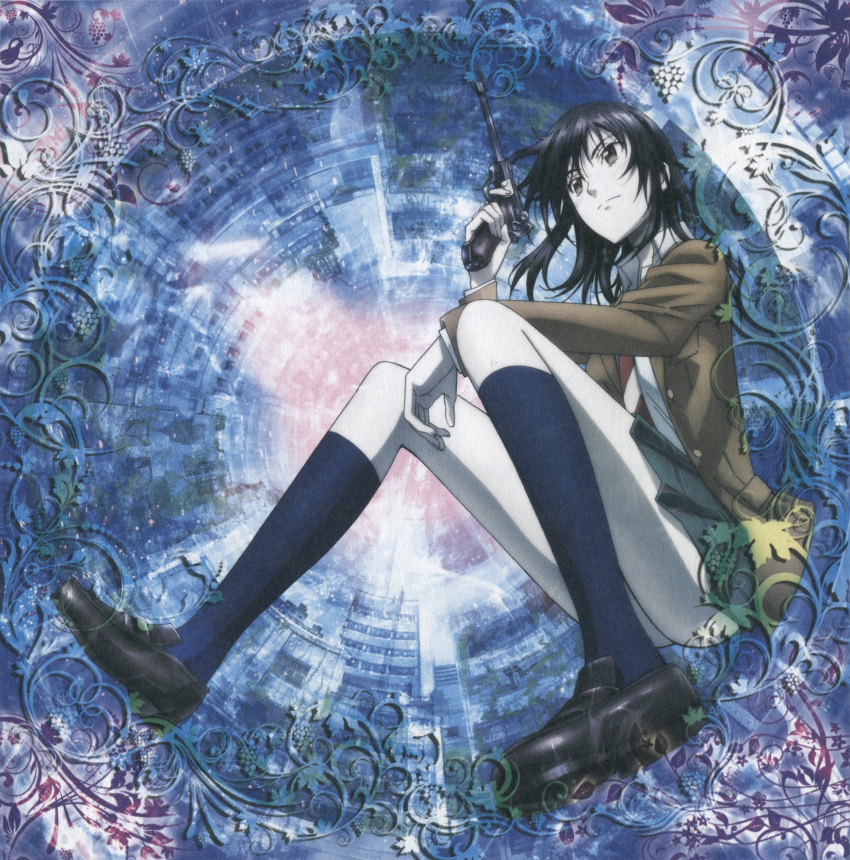 1girl abstract_background absurdres album_cover black_hair black_shoes blazer blue_legwear brown_eyes coppelion cover full_body green_skirt gun hand_on_knee hand_on_own_knee handgun highres kneehighs loafers long_hair looking_afar luger_p08 miniskirt naruse_ibara necktie official_art ornament pale_skin plaid plaid_skirt pleated_skirt scan school_uniform shoes sitting skirt solo striped striped_necktie weapon