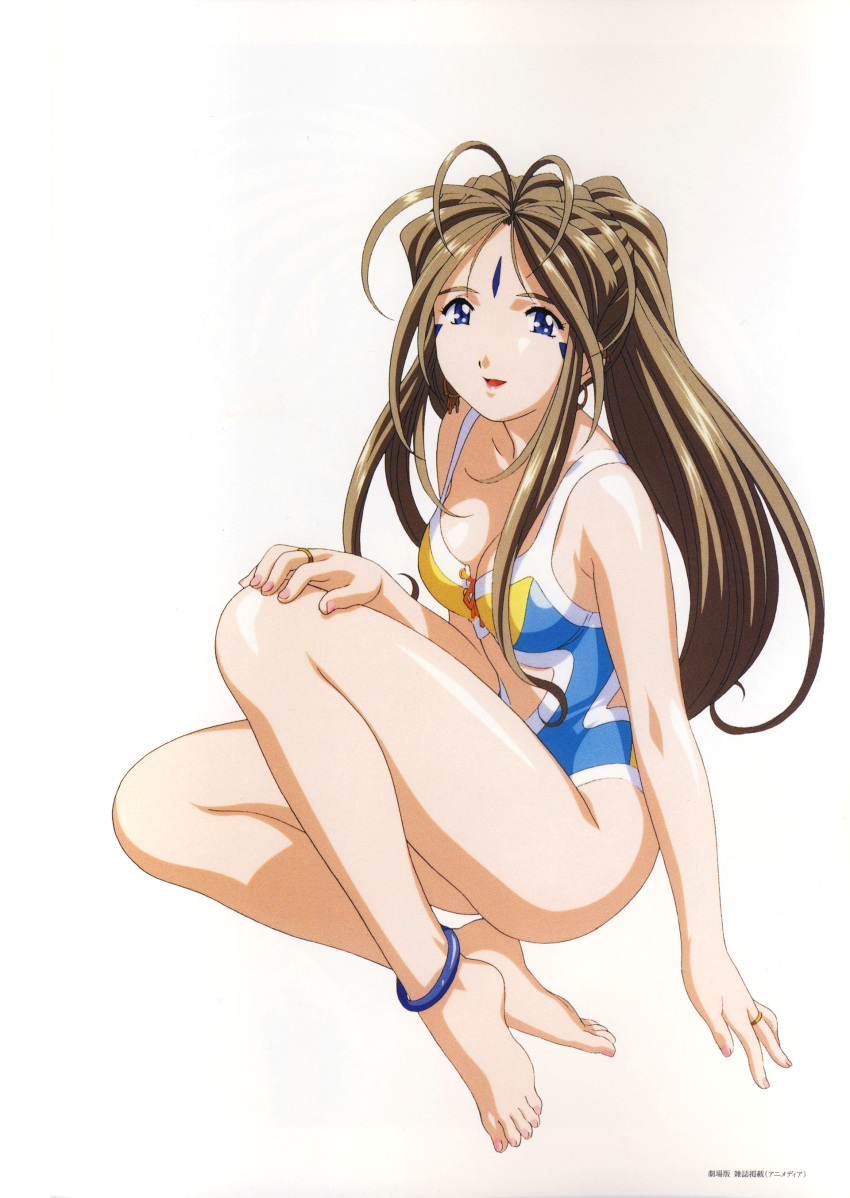 1girl aa_megami-sama absurdres anklet barefoot belldandy blue_eyes bracelet breasts brown_hair cleavage earrings facial_mark feet forehead_mark highres jewelry legs long_hair matsubara_hidenori one-piece_swimsuit parted_lips ring shiny shiny_skin simple_background smile solo swimsuit white_background