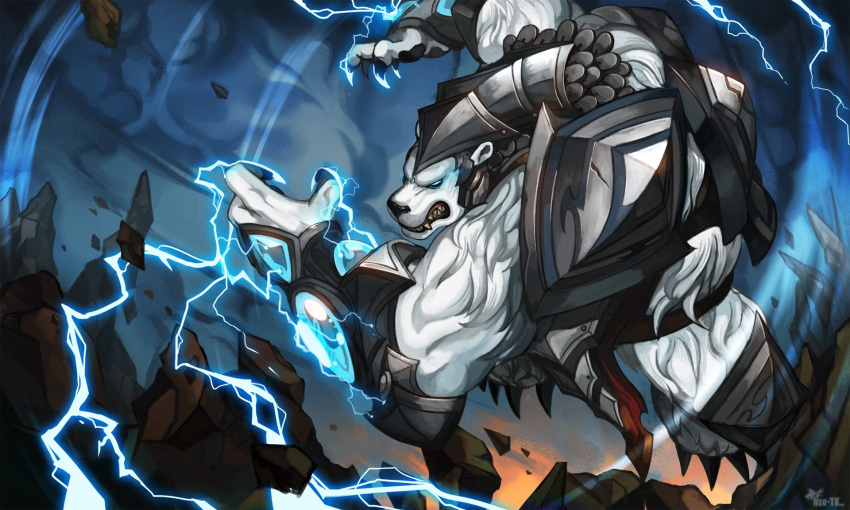 armor bared_teeth bear blue_eyes electricity fangs forehead_protector gauntlets glowing glowing_eyes highres league_of_legends muscle neo-tk.. no_humans no_pupils pauldrons plate_armor polar_bear solo volibear