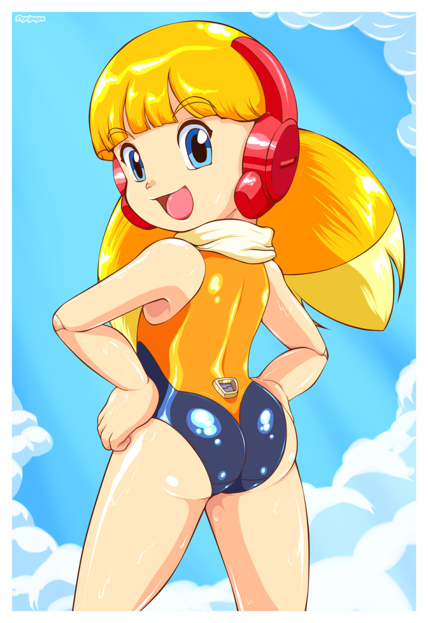 1girl ass bangs blonde_hair blue_eyes blunt_bangs call_(mighty_no._9) call_h competition_swimsuit from_behind hands_on_hips highres long_hair looking_back low_twintails mighty_no._9 multicolored_hair one-piece_swimsuit pepipopo robot_ears robot_joints scarf smile solo swimsuit twintails two-tone_hair wet
