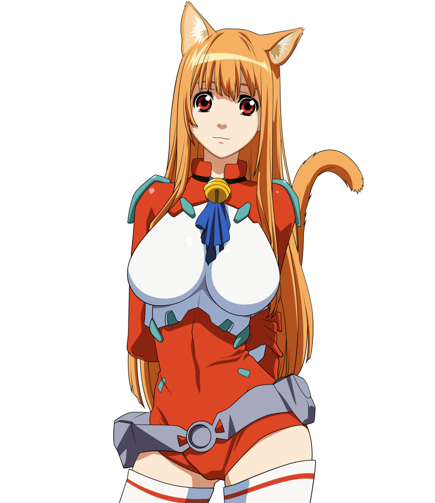1girl absurdres animal_ears arms_behind_back asobi_ni_iku_yo! bangs bell belt belt_pouch beltskirt breasts cat_ears cat_tail cowboy_shot eris_(asobi_ni_iku_yo!) extraction gloves highres hips holding_arm jingle_bell large_breasts leotard long_hair looking_at_viewer orange_hair pouch red_eyes simple_background smile solo space_suit tail thigh-highs transparent_background vector_trace very_long_hair white_background white_legwear zettai_ryouiki