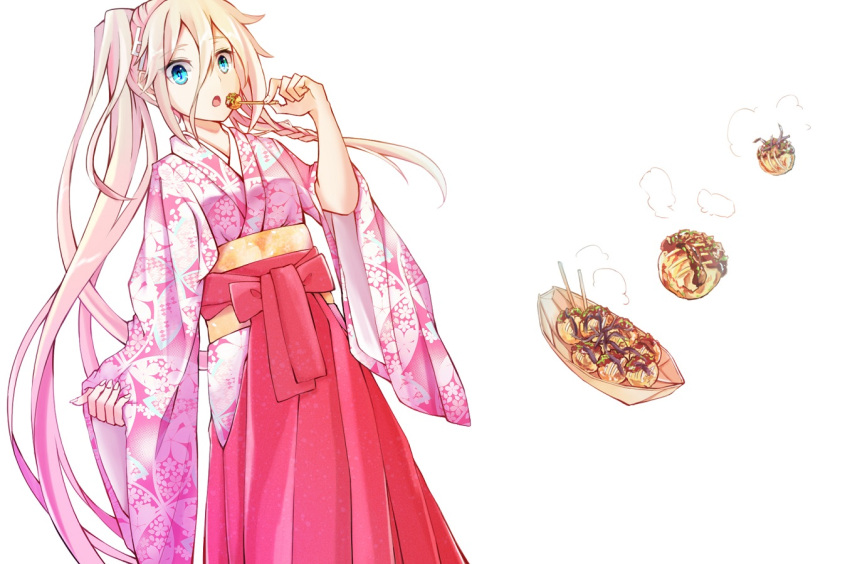 1girl :o aqua_eyes blonde_hair braid dying0414 eating food hair_between_eyes hand_up holding holding_food ia_(vocaloid) japanese_clothes kimono long_hair long_skirt looking_at_viewer open_mouth pink_kimono ponytail red_skirt side_ponytail simple_background skirt solo takoyaki tray very_long_hair vocaloid white_background wide_sleeves