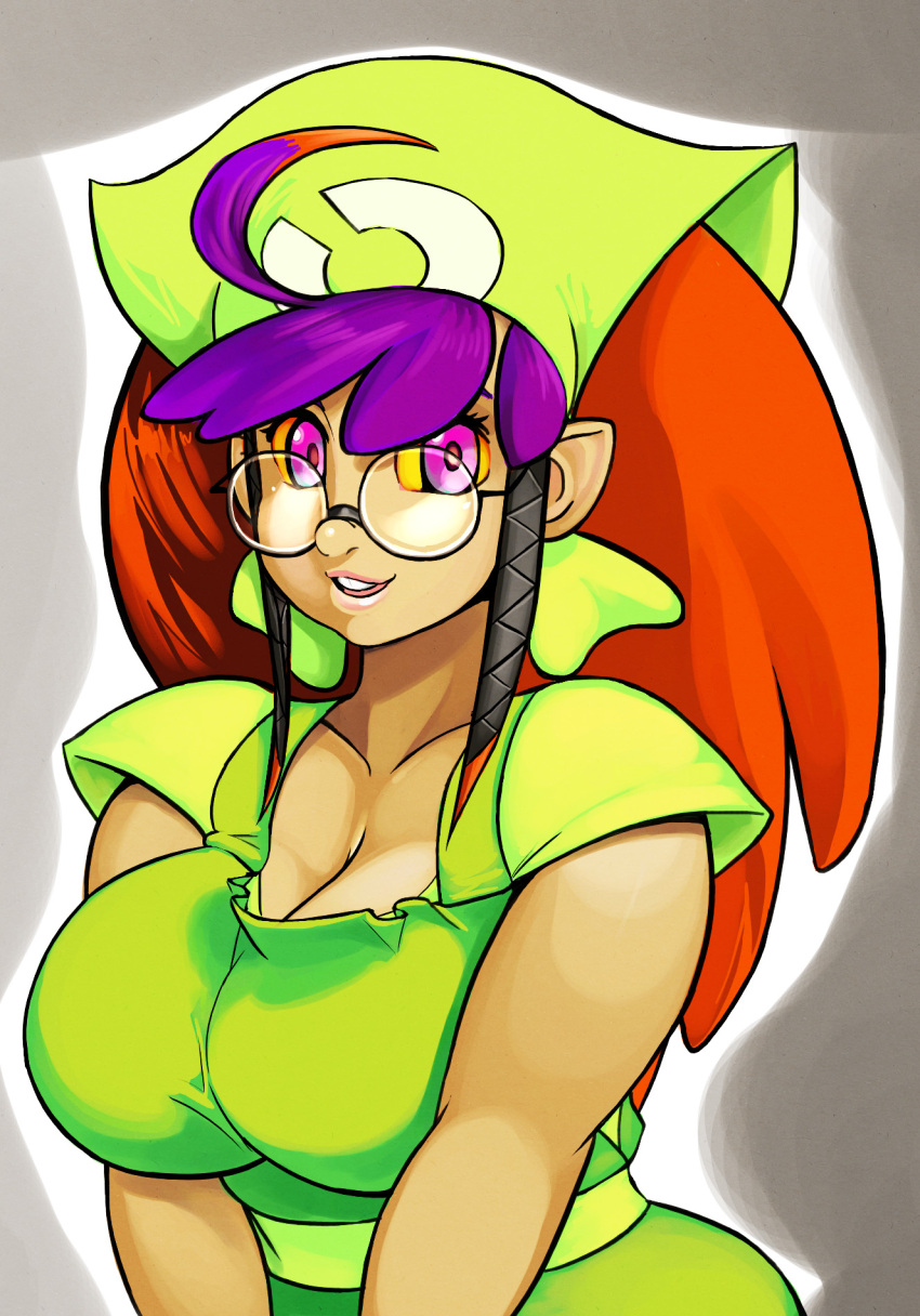1girl ahoge bandanna breasts cleavage curvy elazuls-core glasses gradient_hair highres huge_ahoge large_breasts lips long_hair multicolored_hair nose npc_trainer orange_hair parted_lips pink_eyes pointy_ears pokemon pokemon_(game) pokemon_breeder_(pokemon) purple_hair round_glasses smile solo tan v_arms yellow_sclera