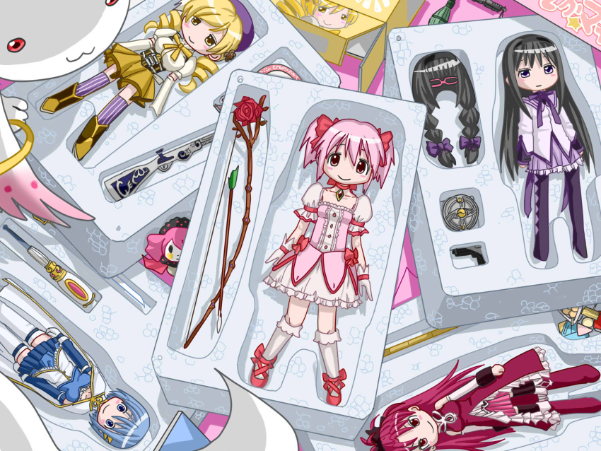 5girls action_figure akemi_homura alternate_hairstyle black_hair bow charlotte_(madoka_magica) figure glasses gloves gun hairband highres hohetomaru kaname_madoka kyubey long_hair magical_girl magical_musket mahou_shoujo_madoka_magica miki_sayaka multiple_girls musket pantyhose pink_hair sakura_kyouko shield short_hair skirt sword thigh-highs tomoe_mami weapon