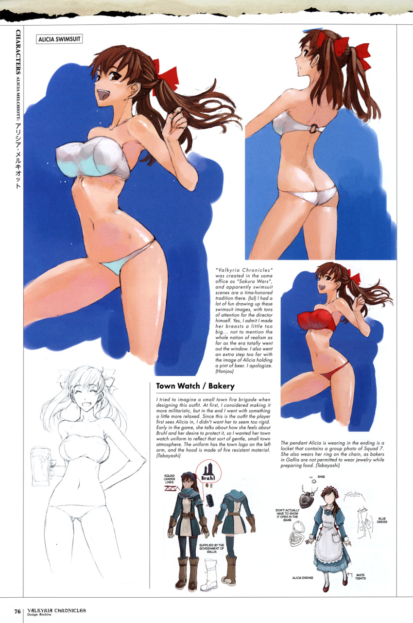 1girl alicia_melchiott artbook ass bikini bow breasts brown_eyes brown_hair commentary english hair_bow hard_translated headdress highres honjou_raita large_breasts long_hair military military_uniform senjou_no_valkyria senjou_no_valkyria_1 solo strapless swimsuit twintails uniform