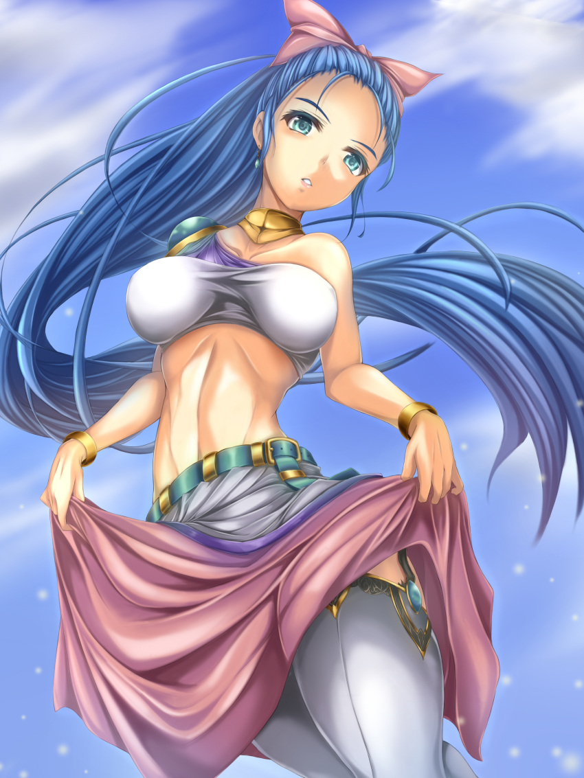 1girl absurdres adapted_costume armband belt blue_eyes blue_hair blush bow cyoppu dragon_quest dragon_quest_v earrings flora garter_straps hair_bow hair_ribbon highres jewelry long_hair lots_of_jewelry midriff necklace parted_lips pink_bow ponytail ribbon solo thigh-highs