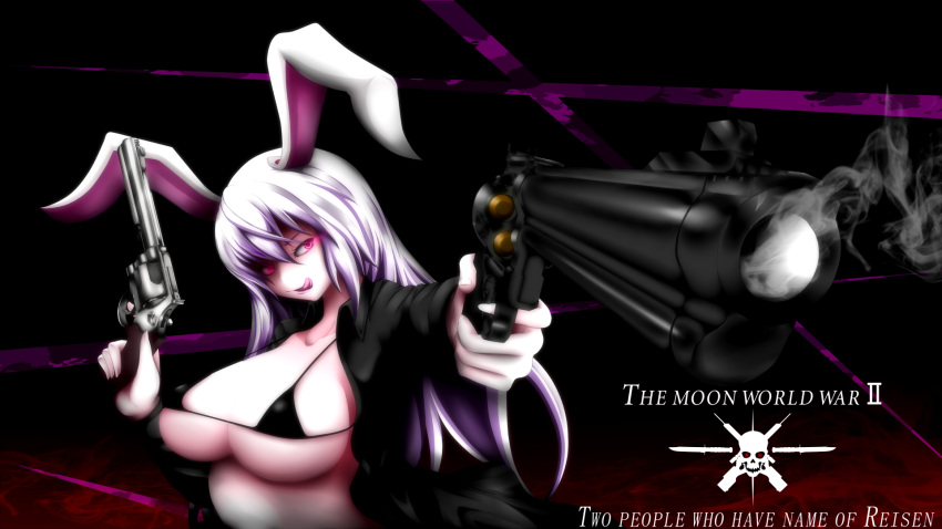 1girl animal_ears bikini_top breasts dual_wielding foreshortening gun handgun highres jacket large_breasts lavender_hair long_hair looking_at_viewer maeda_kousuke open_clothes open_jacket open_mouth rabbit_ears red_eyes reisen_udongein_inaba revolver s&amp;w_500 smile smoke smoking_gun solo tongue tongue_out touhou upper_body weapon