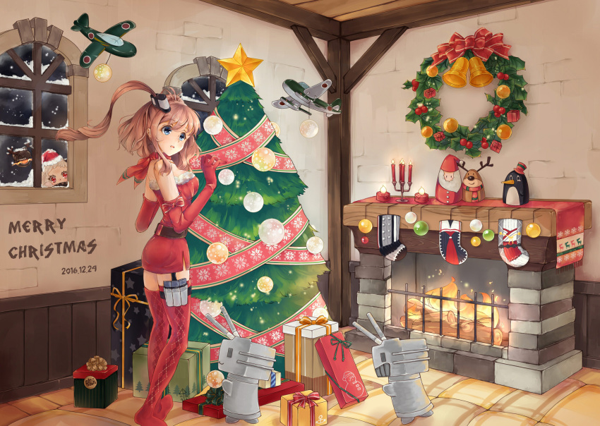 2girls aircraft airplane bell blue_eyes box brown_hair candle candlelight candlestand checkered checkered_legwear christmas_tree dress elbow_gloves enemy_aircraft_(kantai_collection) failure_penguin fireplace funnels garter_straps gift gift_box gloves hat highres horns kantai_collection machinery mittens multiple_girls northern_ocean_hime peeking_out ponytail red_dress red_gloves red_legwear rensouhou-chan rensouhou-kun santa_claus santa_hat saratoga_(kantai_collection) seaplane shinkaisei-kan snowing thigh-highs turret white_hair white_skin window wuu_xiao_mii zettai_ryouiki