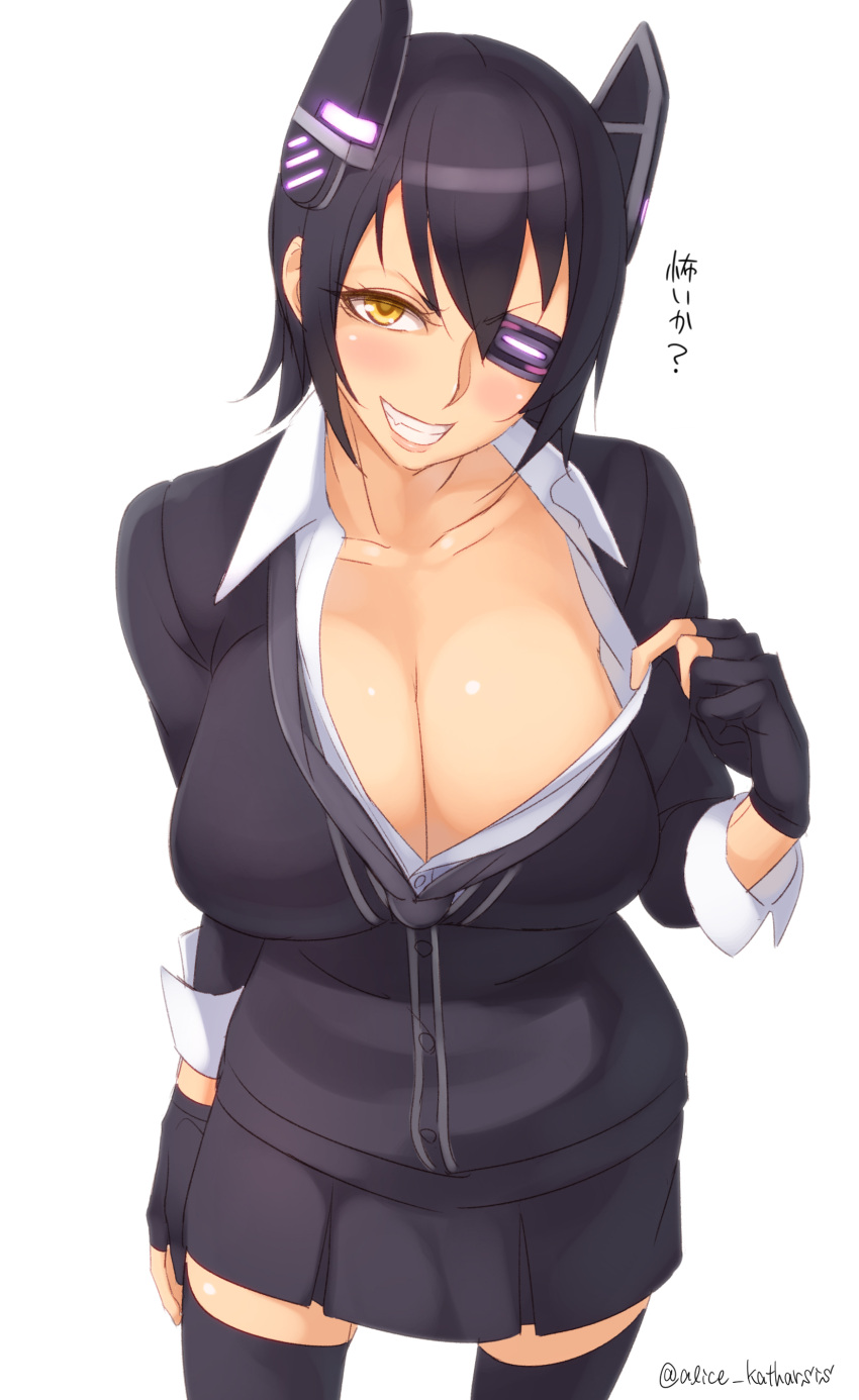 1girl absurdres breasts cardigan cleavage clenched_teeth come_hither dress_shirt eyepatch female gloves grin headgear highres kantai_collection kedama_keito large_breasts purple_hair school_uniform shirt short_hair smile solo standing teeth tenryuu_(kantai_collection) text thigh-highs translated twitter_username yellow_eyes