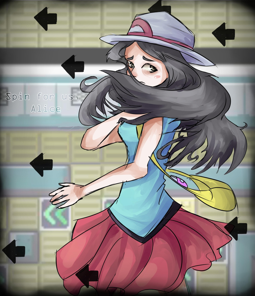 00s 1girl absurdres bag blue_(pokemon) blush_stickers brown_eyes brown_hair directional_arrow handbag hat highres long_hair pokemon pokemon_(game) pokemon_frlg skirt solo sophalone twitch_plays_pokemon