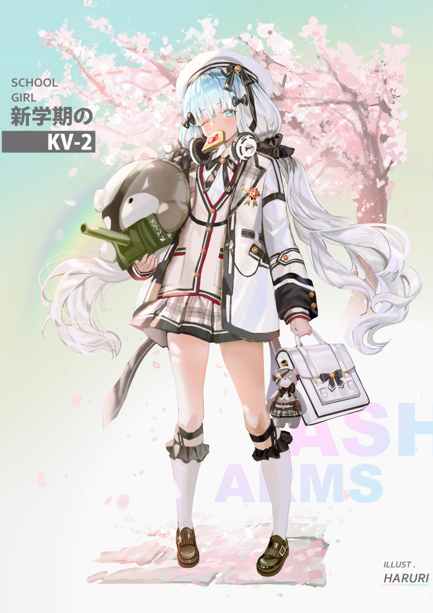 1girl absurdres ash_arms bag_charm bangs black_footwear black_sclera blue_eyes blue_hair blush cannon charm_(object) cherry_blossoms collared_shirt commentary_request copyright_name eyebrows_visible_through_hair eyepatch food food_in_mouth full_body gradient_hair hair_ornament hair_scrunchie headphones headphones_around_neck highres holding jacket kneehighs kv-2_(ash_arms) loafers long_hair looking_at_viewer low_twintails mouth_hold mullpull multicolored_hair one_eye_closed open_clothes open_jacket petals pleated_skirt school_briefcase scrunchie shirt shoes skirt solo sparkle standing stuffed_animal stuffed_toy teddy_bear toast toast_in_mouth tree turret twintails very_long_hair white_hair white_jacket white_legwear white_shirt white_skirt