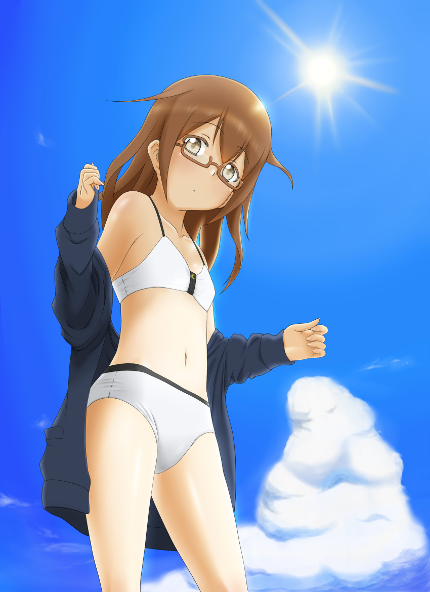 1girl absurdres bikini brown_eyes brown_hair clouds glasses highres jacket jacket_over_swimsuit kantai_collection ketagane long_hair looking_at_viewer mochizuki_(kantai_collection) navel semi-rimless_glasses sky solo sun swimsuit under-rim_glasses