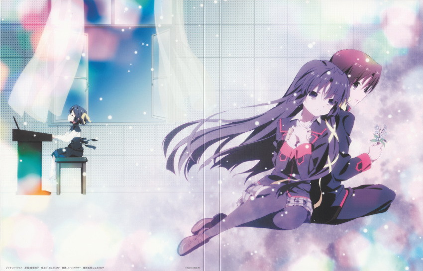 1boy 2girls black_hair black_legwear black_skirt bow brown_eyes brown_hair cover curtains dvd_cover flower hair_bow hair_ribbon hands_on_own_chest happy_tears holding holding_flower instrument keyboard_(instrument) kurugaya_yuiko leaning_on_person little_busters!! long_hair looking_at_another looking_back multiple_girls naoe_riki plaid plaid_skirt playing_instrument pleated_skirt profile ribbon school_uniform short_hair sitting skirt smile tears thigh-highs time_paradox very_long_hair violet_eyes window yellow_ribbon
