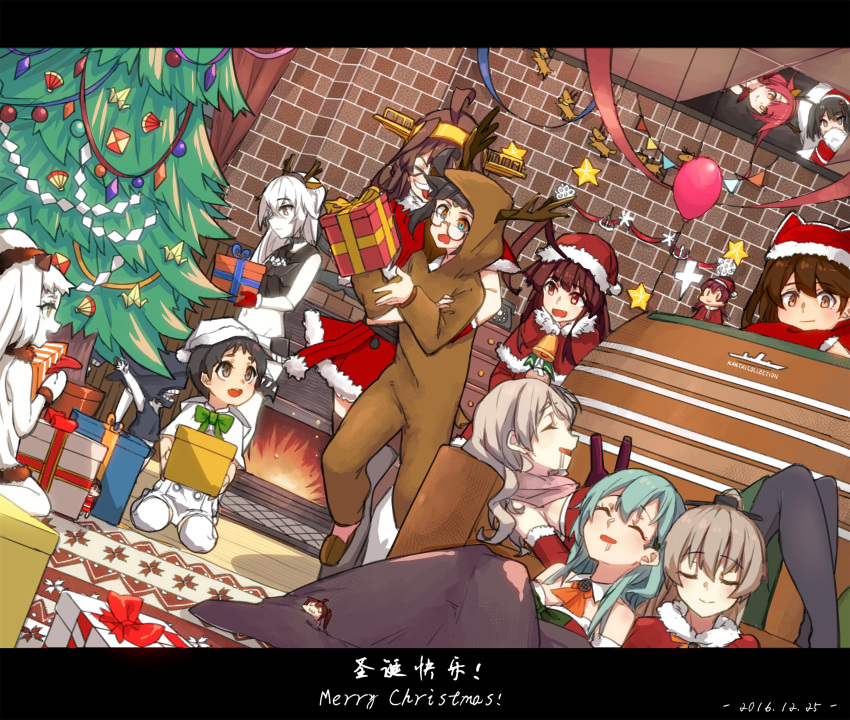 &gt;_&lt; 6+girls :d absurdres animal_costume aqua_hair ascot black_hair box breasts brown_eyes brown_hair carrying ceiling christmas_tree christmas_tree_hair_ornament cleavage closed_eyes copyright_name couch curly_hair destroyer_water_oni double_bun dress fairy_(kantai_collection) female_admiral_(kantai_collection) fire fireplace gift gift_box hairband hat highres horns hug hug_from_behind kantai_collection kawakaze_(kantai_collection) kongou_(kantai_collection) kuma_(kantai_collection) kumano_(kantai_collection) long_hair lying maru-yu_(kantai_collection) mittens multiple_girls navel northern_ocean_hime open_mouth orange_eyes peeking_out pola_(kantai_collection) ponytail pt_imp_group redhead reindeer_costume ryuujou_(kantai_collection) santa_costume santa_hat sendai_(kantai_collection) shikigami shinkaisei-kan silver_hair sleeping smile suzuya_(kantai_collection) two_side_up white_dress white_hair white_skin wulazula xd