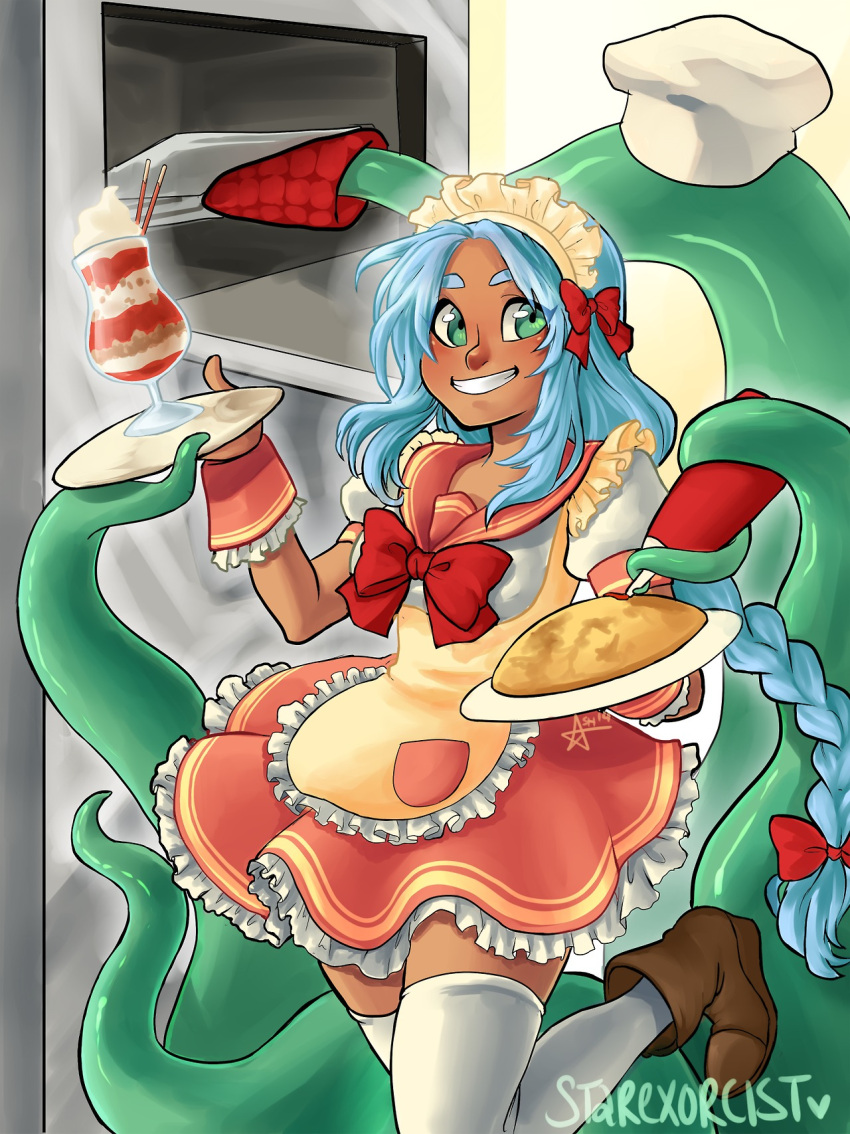 1girl ankle_boots apron aqua_hair ashley_ann_swaby boots bow braid breasts chef_hat dark_skin food frills green_eyes grin hair_bow hat highres ketchup long_hair maid maid_apron maid_headdress omurice original oven oven_mitts parfait sailor_collar schoolgirls_love_tentacles single_braid small_breasts smile solo_focus tentacle thigh-highs waitress white_legwear zettai_ryouiki
