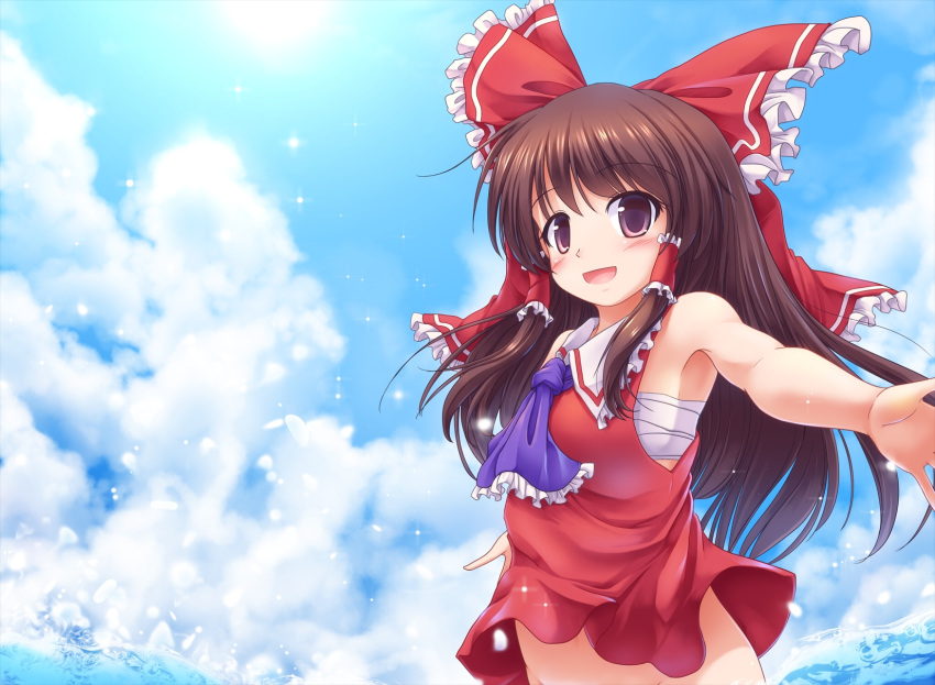 1girl armpits ascot bare_arms bare_shoulders blue_sky blush bottomless bow brown_eyes brown_hair clouds groin hair_bow hair_tubes hakurei_reimu highres long_hair lzh mound_of_venus naked_shirt open_mouth out-of-frame_censoring outstretched_arms sarashi shirt sky sleeveless sleeveless_shirt smile solo sun touhou water