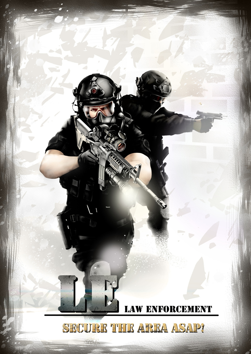 2boys absurdres aimpoint assault_rifle casing_ejection english flashlight goggles gun handgun helmet highres knee_pads load_bearing_vest m1911 m4_carbine multiple_boys original poster rifle shell_casing taka_(iawas) weapon