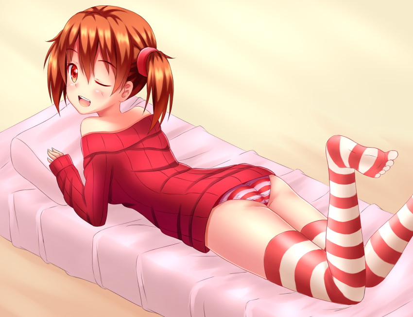 1girl ;d ass brown_hair fast-runner-2024 feet flat_ass legs_up lying no_pants no_shoes on_stomach one_eye_closed open_mouth panties red_eyes ribbed_sweater short_hair silica smile solo striped striped_legwear striped_panties sweater sword_art_online thigh-highs toes twintails underwear wink