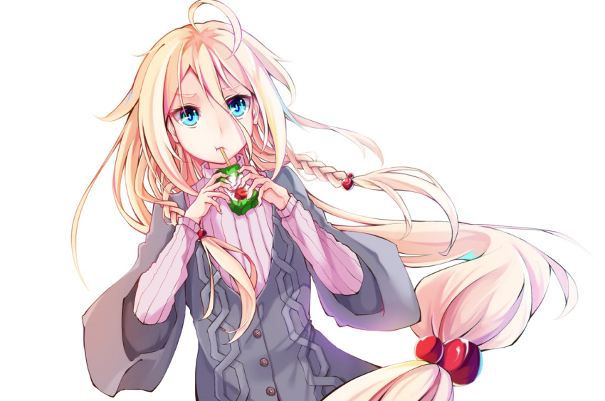 &gt;:t 1girl :t ahoge aran_sweater beads braid closed_mouth drinking dutch_angle dying0414 frown hair_beads hair_between_eyes hair_ornament ia_(vocaloid) juice_box long_hair ribbed_sweater simple_background solo star sweater turtleneck upper_body very_long_hair vocaloid white_background