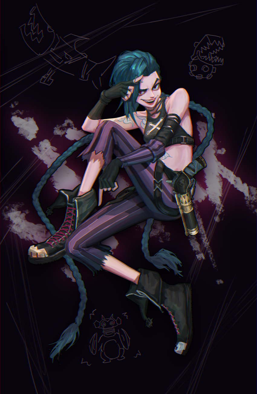 1girl absurdres arcane:_league_of_legends bangs bare_shoulders black_background black_pants blue_hair braid brown_footwear brown_gloves cloud_tattoo detached_sleeves explosive fingerless_gloves full_body gloves green_hair grenade gun highres holster jinx_(league_of_legends) league_of_legends long_hair looking_at_viewer pants pink_pants rocket_launcher shiny shiny_hair shoes smile solo stomach striped striped_pants teeth torn_clothes torn_pants upper_teeth wansseu_(wan) weapon