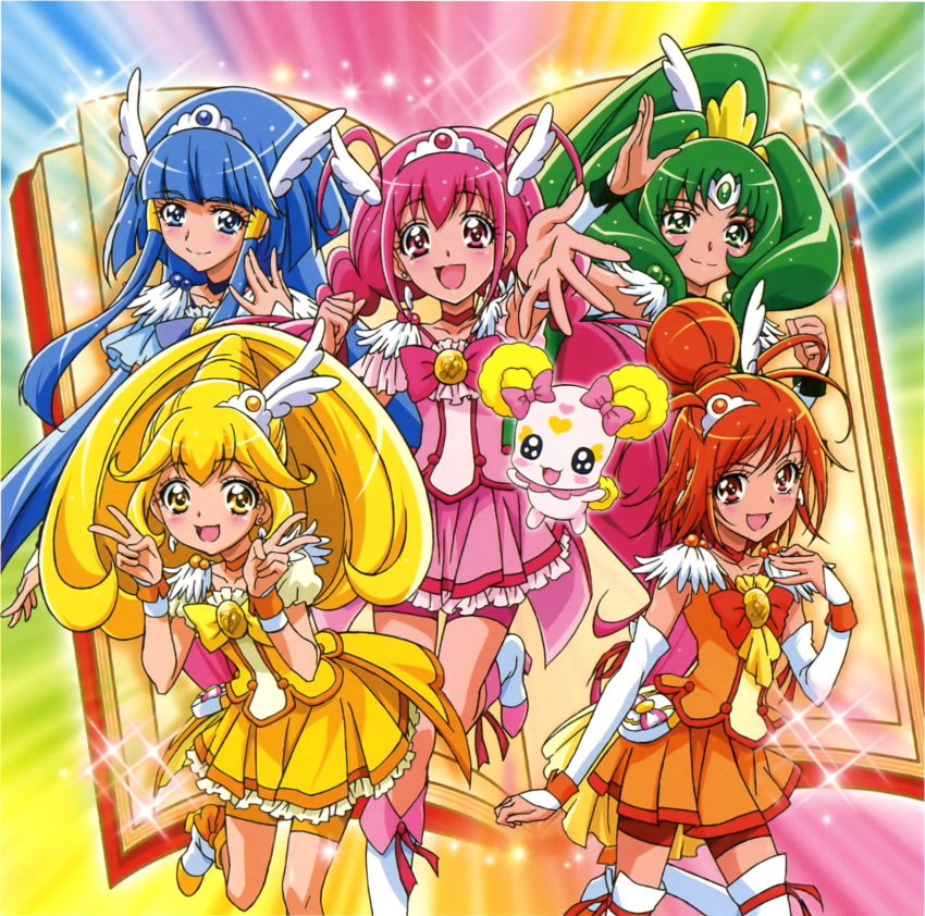 5girls aoki_reika bike_shorts blonde_hair blue_eyes blue_hair candy_(smile_precure!) cure_beauty cure_happy cure_march cure_peace cure_sunny green_eyes green_hair highres hino_akane_(smile_precure!) hoshizora_miyuki kawamura_toshie kise_yayoi long_hair looking_at_viewer magical_girl midorikawa_nao multiple_girls official_art open_mouth pink_eyes pink_hair ponytail precure red_eyes redhead short_hair skirt smile_precure! thigh-highs twintails yellow_eyes zettai_ryouiki