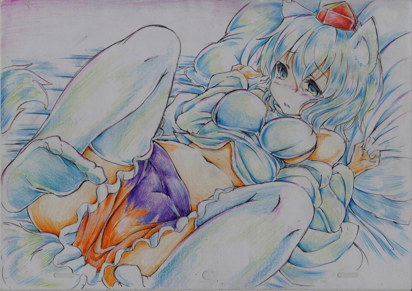 1girl animal_ears bed_sheet blush breasts colored_pencil_(medium) detached_sleeves hat highres inubashiri_momiji kitazinger lying midriff navel on_back pillow short_hair solo tail thigh-highs tokin_hat touhou traditional_media white_hair white_legwear wolf_ears wolf_tail
