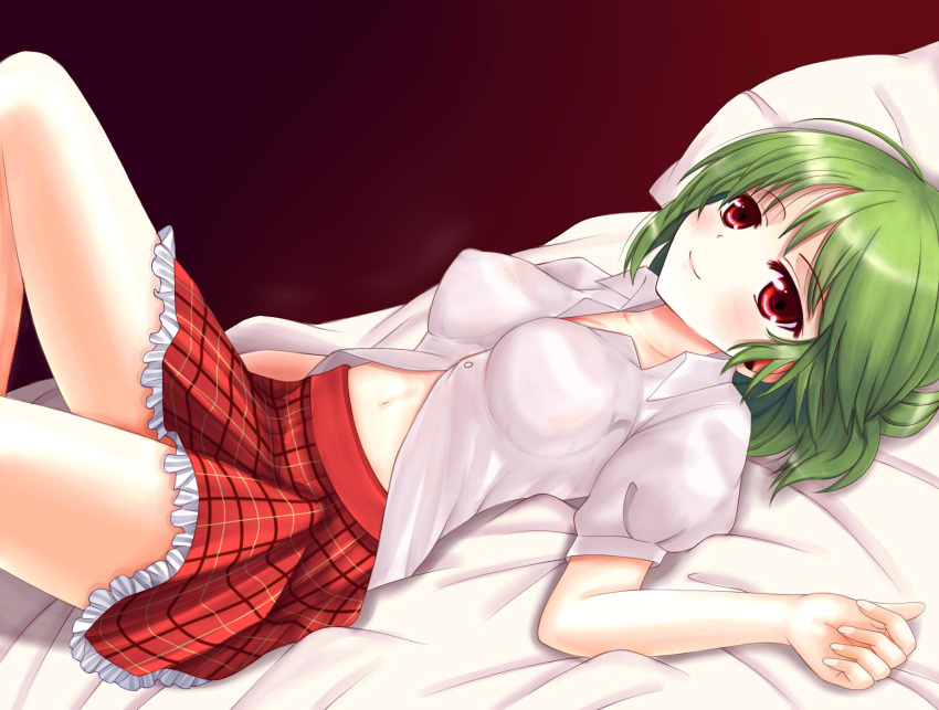 1girl breasts green_hair highres impossible_clothes kazami_yuuka large_breasts lying midriff navel on_back pillow puffy_short_sleeves puffy_sleeves red_eyes shirt short_sleeves skirt solo touhou wendell