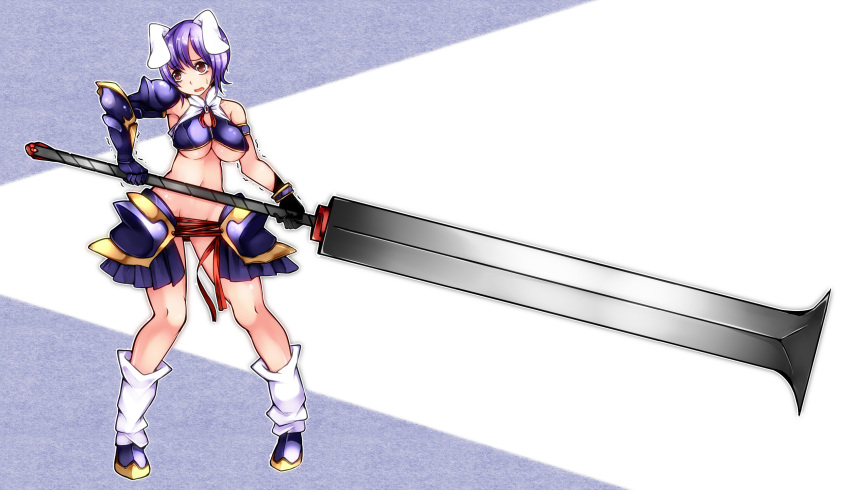 1girl animal_ears aoshima armor breasts censored commentary_request convenient_censoring groin highres huge_weapon large_breasts metal_gloves metallic_bikini midriff mound_of_venus navel no_panties open_mouth purple_hair rabbit_ears reisen ribbon solo sweatdrop sword touhou trembling under_boob weapon
