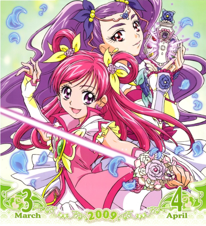 2girls :d arm_warmers cure_dream earrings eyelashes highres jewelry kawamura_toshie long_hair looking_at_viewer magical_girl milk_(yes!_precure_5) milky_rose mimino_kurumi multiple_girls official_art open_mouth pink_eyes pink_hair precure purple_hair smile twintails violet_eyes yes!_precure_5 yes!_precure_5_gogo! yumehara_nozomi