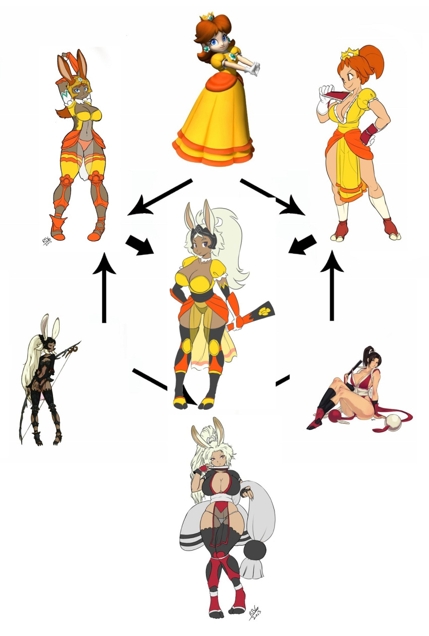 1girl animal_ears armor breasts brown_eyes brown_hair cleavage closed_fan crossover dark_skin directional_arrow dress fan fatal_fury final_fantasy final_fantasy_xii folding_fan fran fusion hexafusion highres japanese_clothes jewelry king_of_fighters large_breasts long_hair super_mario_bros. nintendo ponytail princess_daisy rabbit_ears randomboobguy shiranui_mai snk square_enix super_mario_bros. super_mario_land tabi the_king_of_fighters thigh-highs very_dark_skin viera white_hair