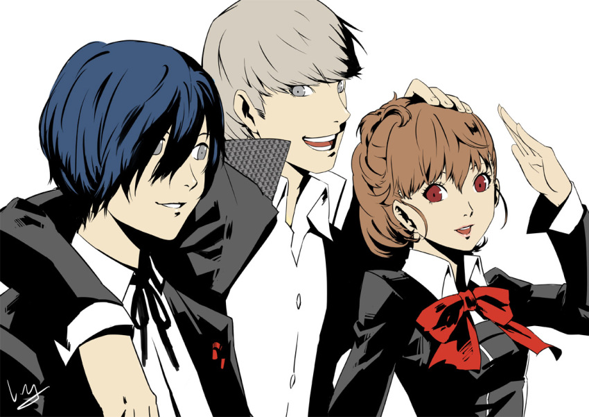 1girl 2boys arisato_minato atlus blue_hair brown_hair female_protagonist_(persona_3) grey_eyes grey_hair megami_tensei multiple_boys nanaya_(daaijianglin) narukami_yuu persona persona_3 persona_3_portable persona_4 red_eyes school_uniform shiomi_kotone yuuki_makoto