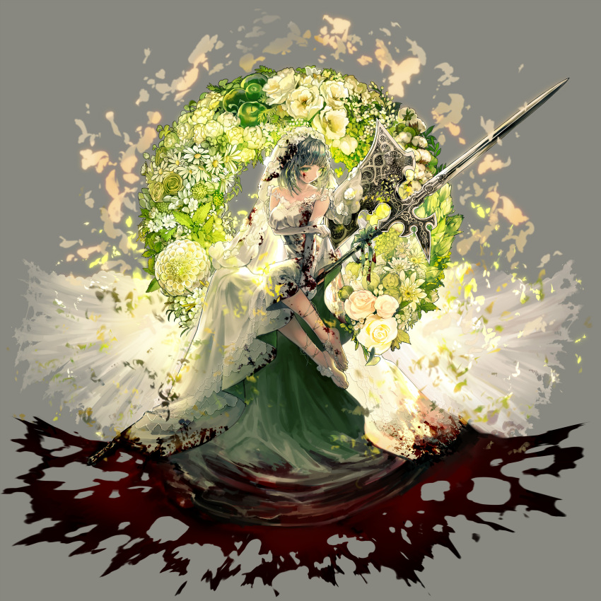 1girl absurdres barefoot blood blood_on_face bloody_clothes bridal_gauntlets bridal_veil bride copyright_request cover cover_page dress green_dress green_eyes grey_hair halberd highres isekai_goumonhime official_art polearm sitting solo ukai_saki veil weapon wedding_dress wreath