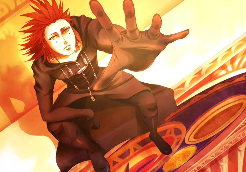 1boy a5_arashi axel axel_(kingdom_hearts) cloak disney facial_mark gloves green_eyes highres kingdom_hearts male_focus reaching_out redhead sitting solo square_enix