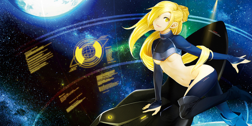 1girl album_cover arched_back ass blonde_hair bodysuit boots breasts bridal_gauntlets cover crotch_plate glowing hair_over_one_eye hips holographic_interface leg_up legs light_smile lips midriff navel original outstretched_arm pilot_chair planet poaro revealing_clothes small_breasts solo space star_(sky) texture under_boob waist yellow_eyes