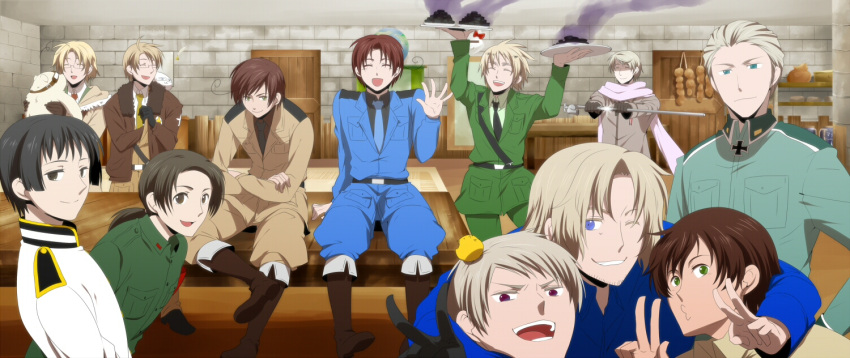 6+boys ahoge airplane america_(hetalia) aqua_eyes axis_powers_hetalia bad_id bangs bear belt bird black_eyes black_hair blonde_hair blue_eyes boots brown_eyes brown_hair burnt cameo canaan_(character) carpet chair china_(hetalia) closed_eyes coat collared_shirt door everyone eyes facial_hair faucet food france_(hetalia) germany_(hetalia) gilbird glasses globe green_eyes hello_kitty hetaoni holding hug jacket japan_(hetalia) kumajirou_(hetalia) lead_pipe looking_at_viewer military military_uniform miyamayomema mochi multiple_boys necktie northern_italy_(hetalia) one_eye_closed open_mouth parted_bangs plate pocket polar_bear prussia_(hetalia) room russia_(hetalia) shadow shiny shirt short_hair silver_hair sitting smile smoke southern_italy_(hetalia) spain_(hetalia) star symbol table teeth uniform united_kingdom_(hetalia) v violet_eyes wagashi