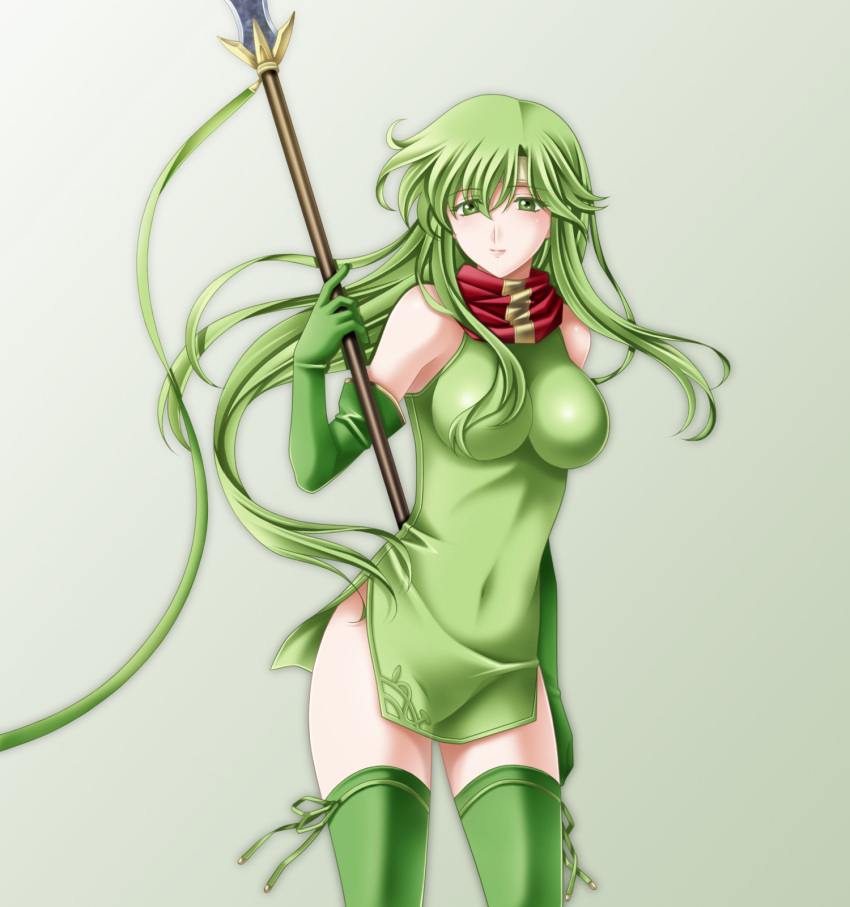 1girl breasts elbow_gloves female fire_emblem fire_emblem:_mystery_of_the_emblem gloves green_eyes green_gloves green_hair green_legwear green_skirt headband highres long_hair paola polearm ribbon scarf side_slit skirt solo spear tamamon thigh-highs weapon