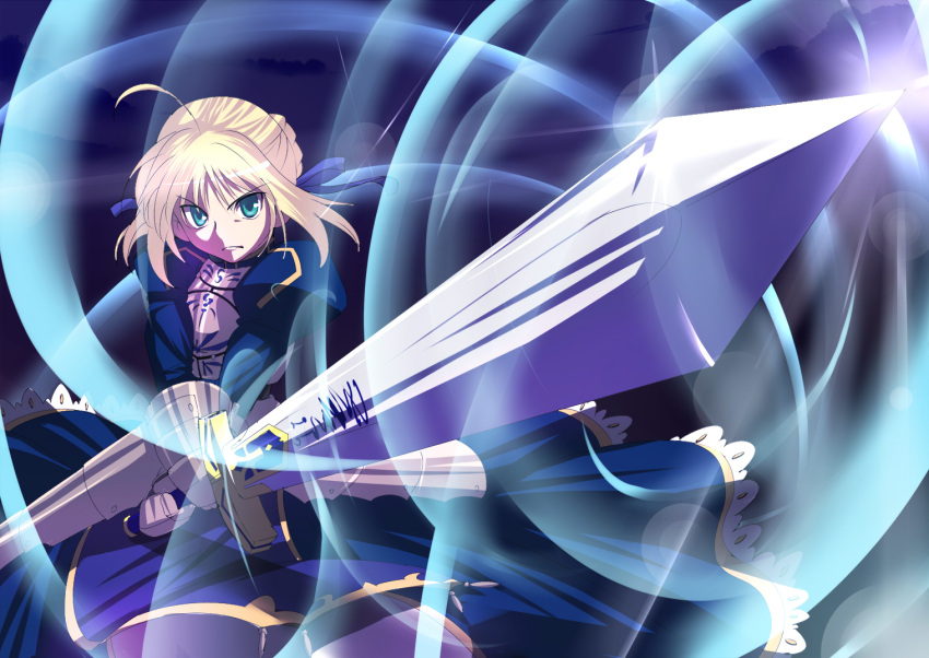 1girl ahoge armor armored_dress blonde_hair dress excalibur fate/stay_night fate_(series) gauntlets green_eyes lens_flare perspective saber solo urako