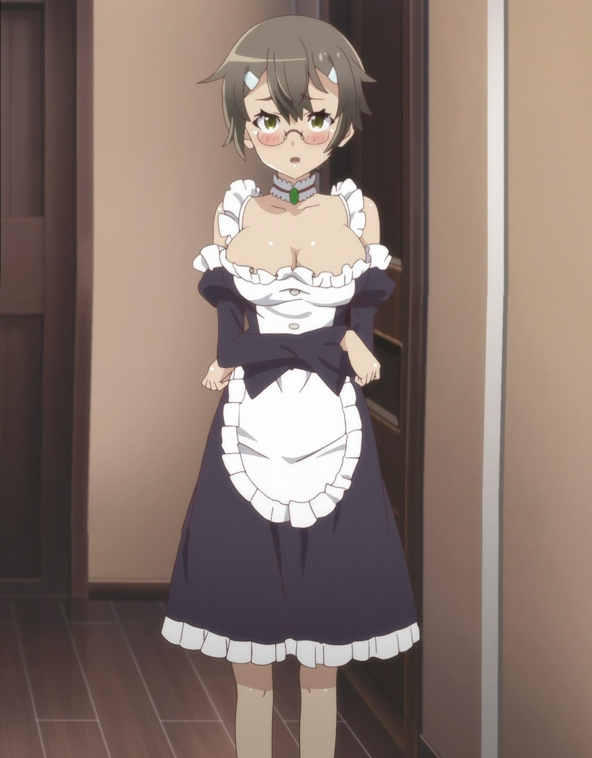 1girl apron blush breasts brown_hair choker cleavage crossed_arms glasses green_eyes hair_ornament highres koganuma_minori large_breasts maid maid_apron outbreak_company rimless_glasses screencap short_hair solo stitched