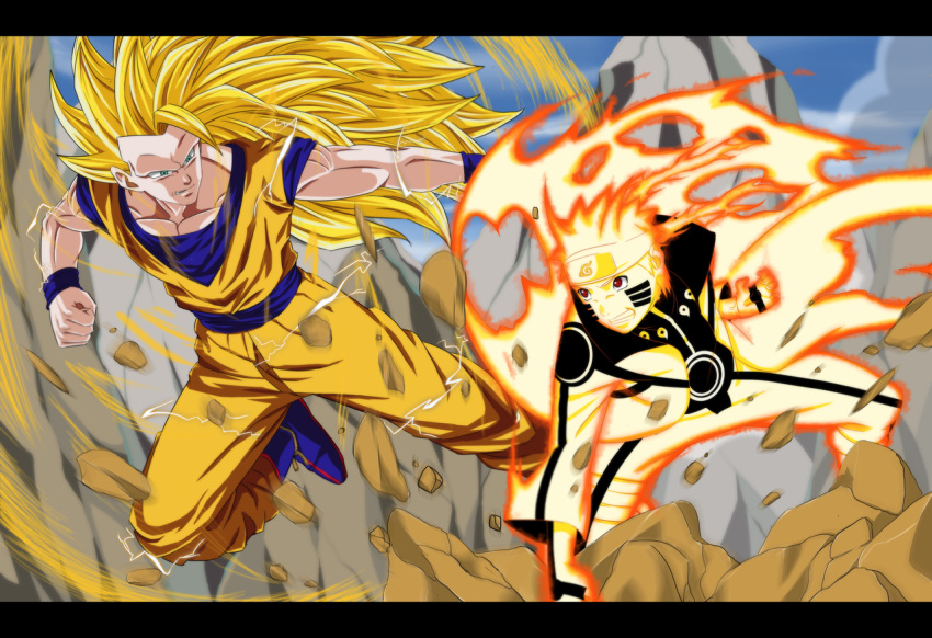 2boys blonde_hair crossover dragon_ball dragon_ball_z dragonball_z electricity long_hair multiple_boys muscle naruto naruto_shippuuden short_hair son_gokuu spiky_hair super_saiyan_3 uzumaki_naruto uzumaki_naruto_(kyuubi_chakra_mode)